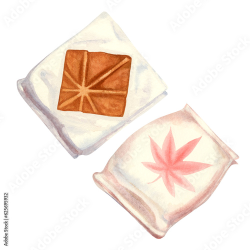 Watercolor traditional Japanese sweets Momiji Manju are sweet pastries stuffed in the shape of a maple leaf, made during the autumn season of admiring maple trees.