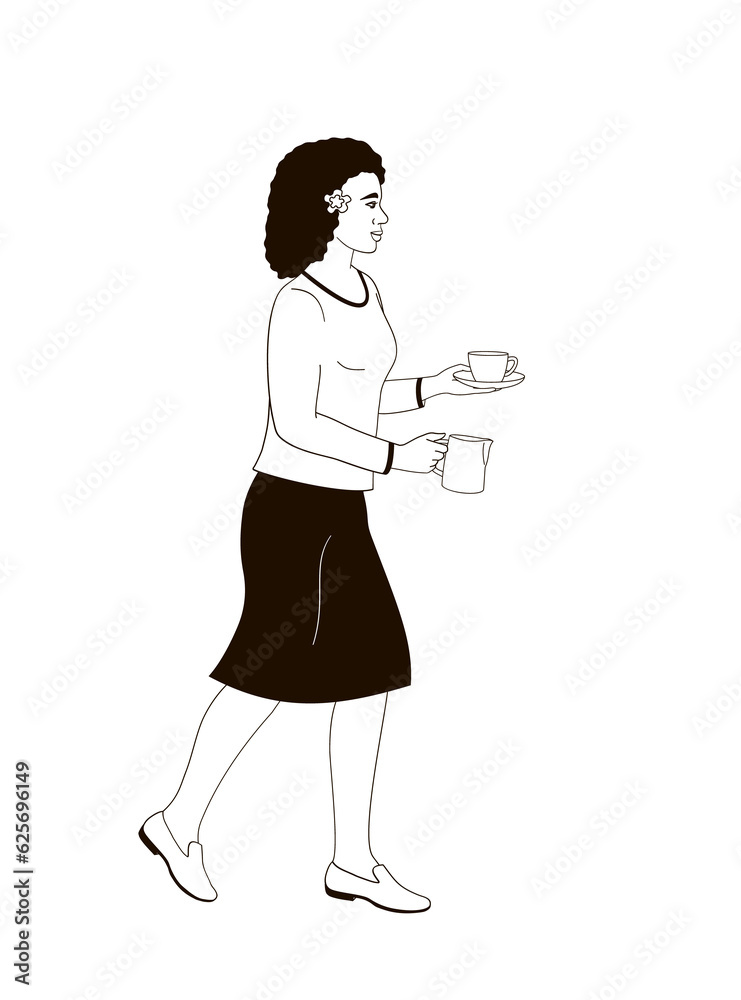 women barista with cup of coffee black and white linear vector illustration women barista with cup of coffee black and white linear vector illustration