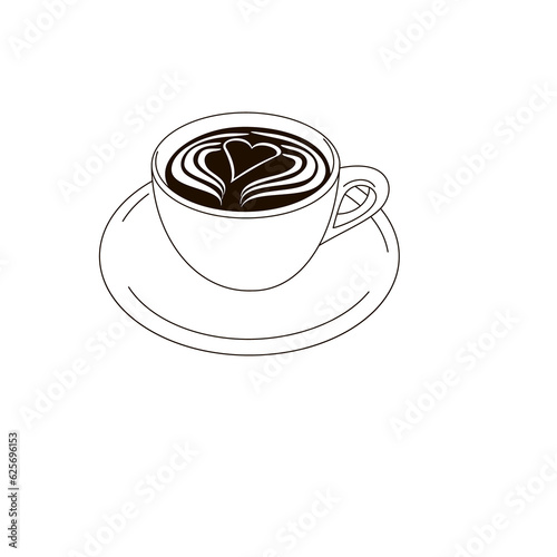 cup of coffee with a heat latte art on foam black and white linear vector illustration