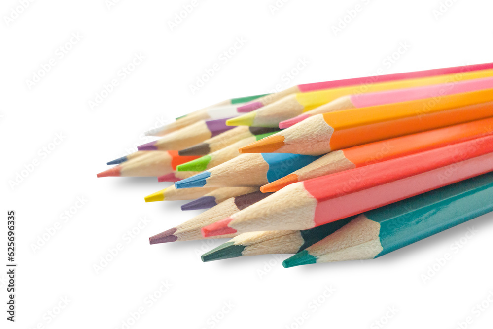 Stack of colored pencils isolated on white background. Crayons for drawing. Children's creativity. Design element Stack of colored pencils isolated on white background. Crayons for drawing. Children's creativity. Design element