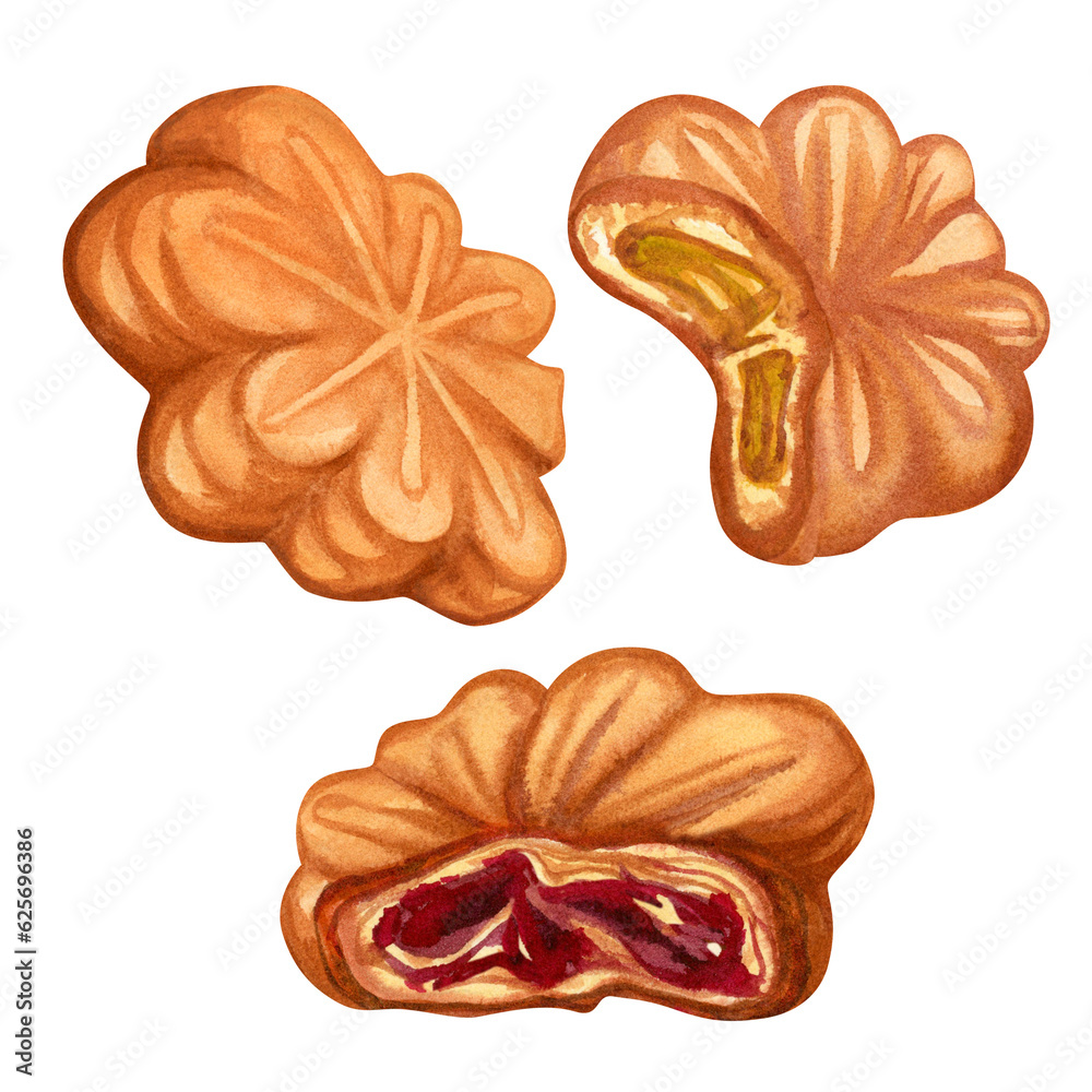 Watercolor traditional Japanese sweets Momiji Manju are sweet pastries