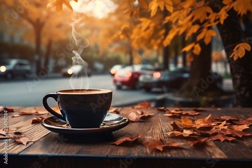 Fotografiet cup of coffee on cafe table street view with cars and fall autumn leaves
