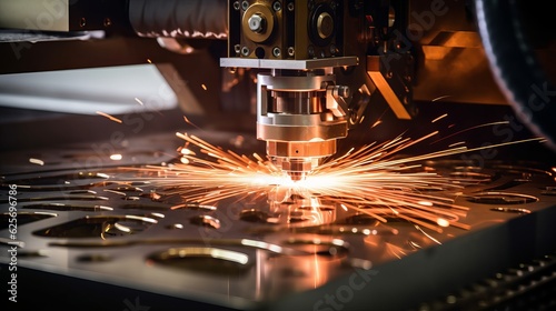 Laser cutting. Metal machining with sparks on CNC laser engraving maching Generative AI