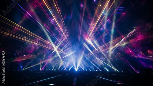 Lot of beautiful multi-colored laser beams in dark at disco Generative AI