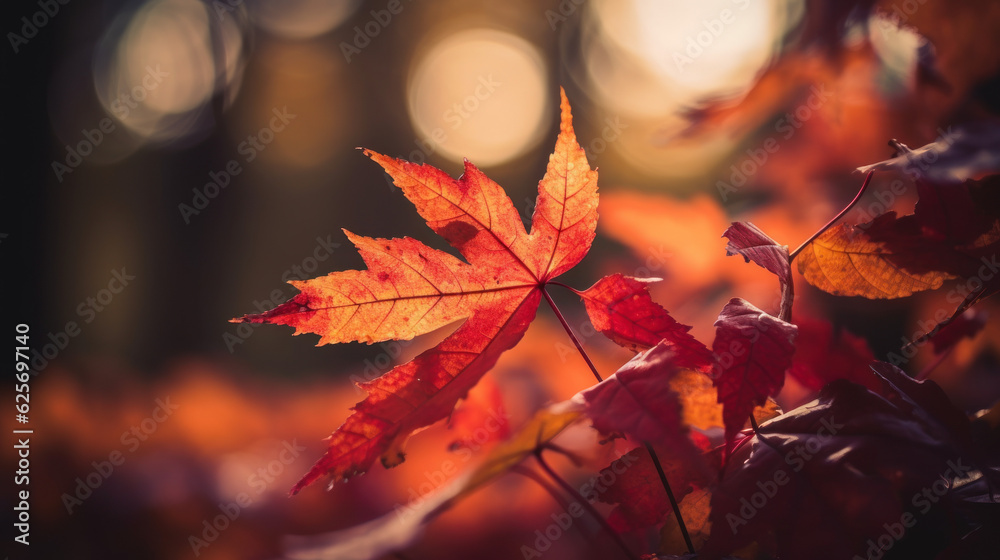 web banner design for autumn season and end year activity with red and yellow maple leaves with soft focus light.