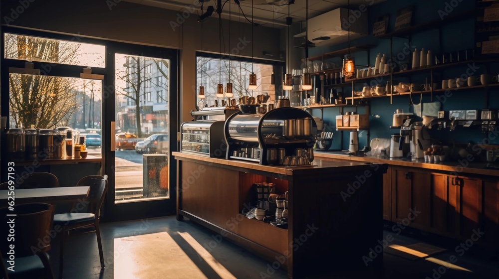 Storefront of a tiny clean and minimalistic coffee shop, Scandic, Industrial, Interior