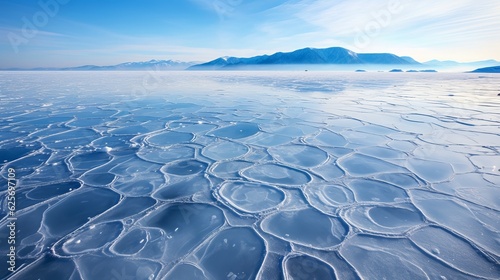 View of beautiful drawings on ice from cracks and bubbles of deep gas on surface of Baikal lake in winter  Russia Generative AI