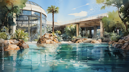 buidling with big swimmingpool in watercolor painting design