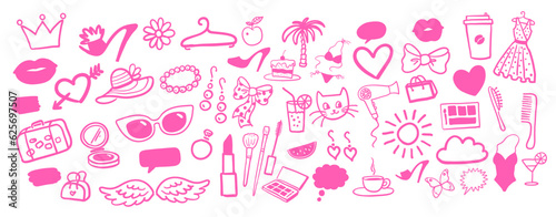 Fotografiet Vector illustration set of beauty and fashion isolated pink doodles