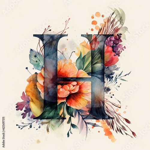 Floral letter h, generative ai 