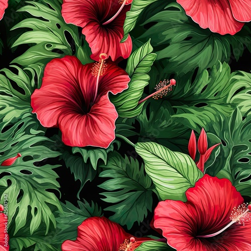 Exotic Tropical Hibiscus Watercolor in a Seamless Pattern Design