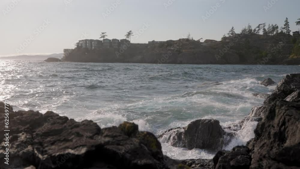 Beautiful ocean vista with waves crashing on the rocks, ocean spray, Vancouver Island, Pacific ocean 4K 24FPS Beautiful ocean vista with waves crashing on the rocks, ocean spray, Vancouver Island, Pacific ocean 4K 24FPS