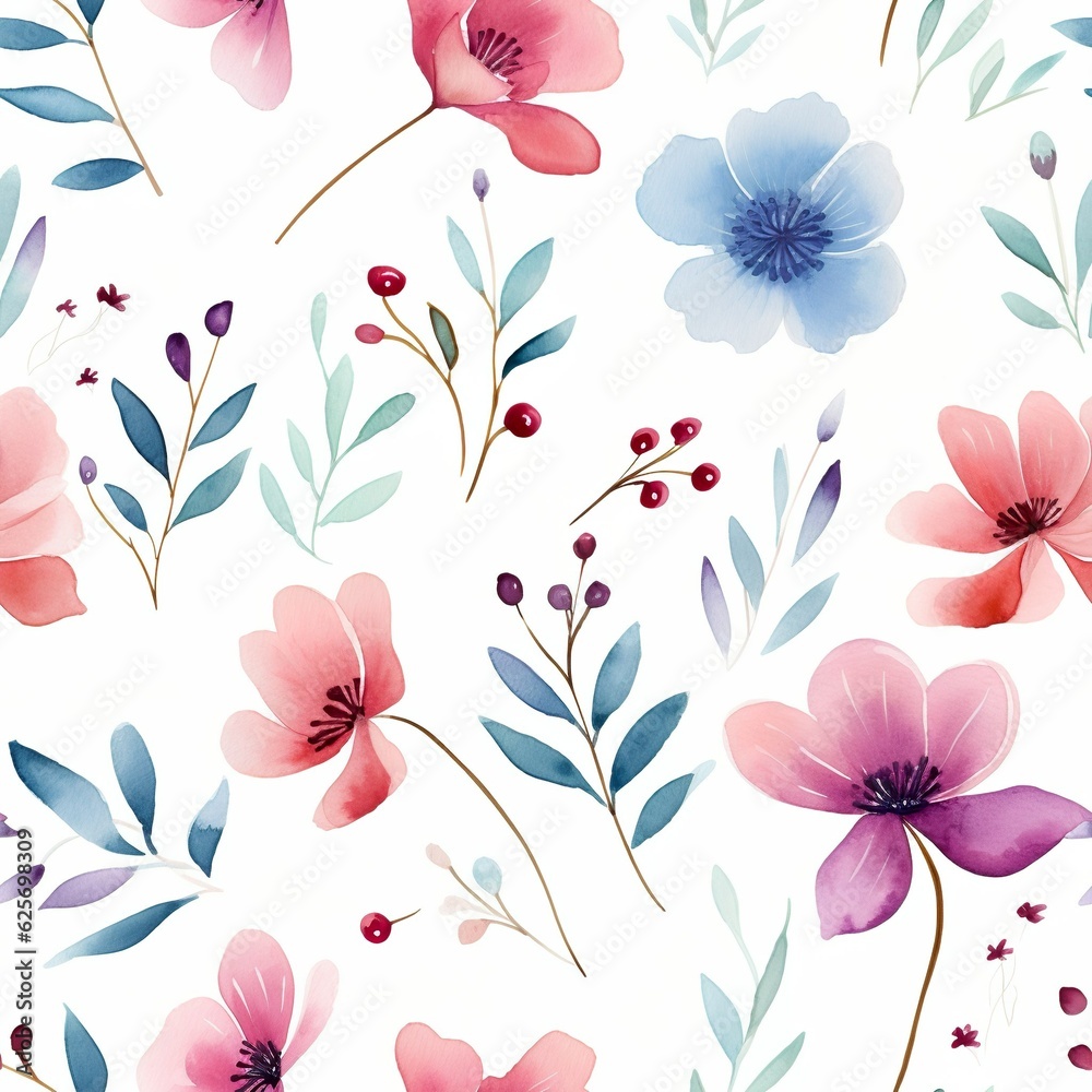 Dynamic Blue and Red Flowers Watercolor in a Seamless Pattern Dynamic Blue and Red Flowers Watercolor in a Seamless Pattern