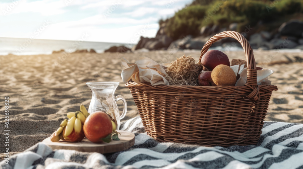 Picnic with basket and blanket at the beach Picnic with basket and blanket at the beach