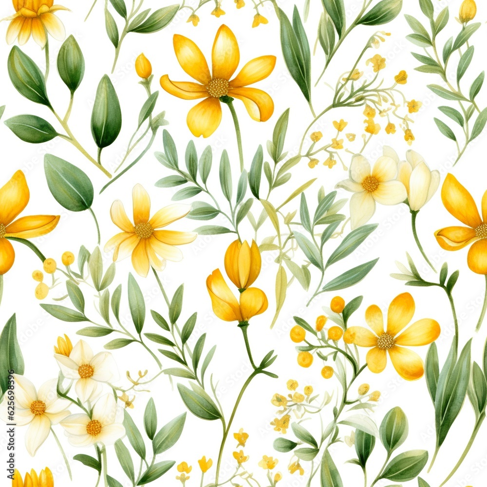 Cheerful Yellow Flowers Watercolor in a Seamless Pattern Design Cheerful Yellow Flowers Watercolor in a Seamless Pattern Design