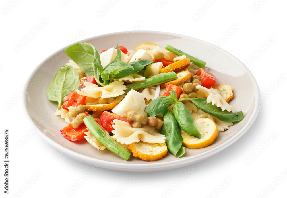 Plate of tasty pasta salad with peas and basil on white background