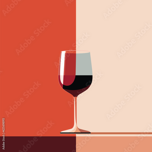 Vector illustration of half full glass of red wine on duotone red pink background. Artistic pop art style. Exquisite liquor wine making concept