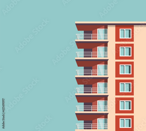 Vector illustration of modern multicolored multistory high-rise residential apartment building house. Front view with windows balconies with roof on sunny day. Real estate rental concept