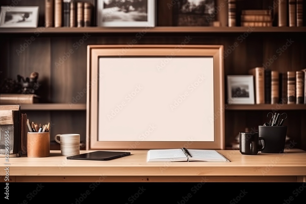 Front view of a wooden table with a coffee cup, a paper sheet, and a blank notepad. In the distance, there are bookcases and picture frames. a mockup Front view of a wooden table with a coffee cup, a paper sheet, and a blank notepad. In the distance, there are bookcases and picture frames. a mockup
