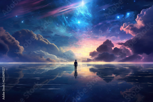 Silhouette of alone person looking at heaven. Lonely man standing in fantasy landscape with shining cloudy sky. Meditation and spiritual life. Created with Generative AI