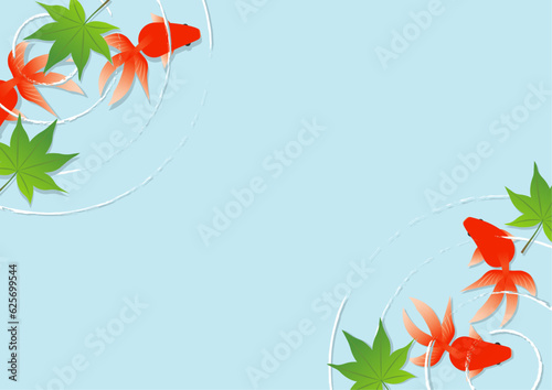 俯瞰で見た泳ぐ金魚と青紅葉のイラスト1
