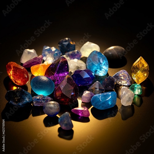 Jewel on black shine color, Collection of many different natural gemstones amethyst, lapis lazuli, rose quartz, citrine, ruby, amazonite, moonstone, labradorite, chalcedony, blue topaz
 photo