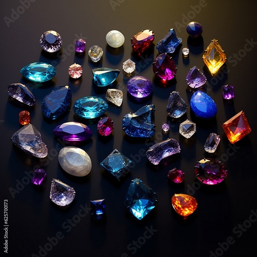 Jewel on black shine color, Collection of many different natural gemstones amethyst, lapis lazuli, rose quartz, citrine, ruby, amazonite, moonstone, labradorite, chalcedony, blue topaz
 photo