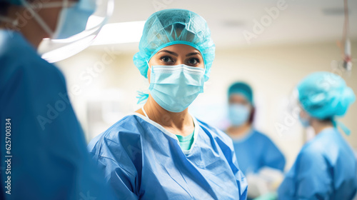 woman surgeon wearing scrubs and mask, hospital operating room, female