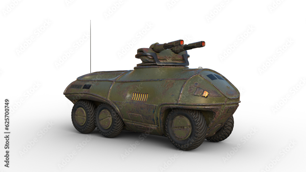Fantasy futuristic green tank with dual cannons. Isolated 3D rendering.