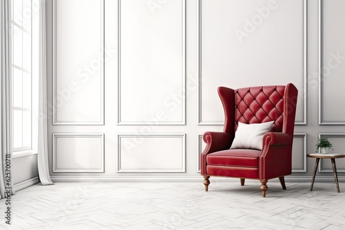 front view of a white room mockup with a red armchair.