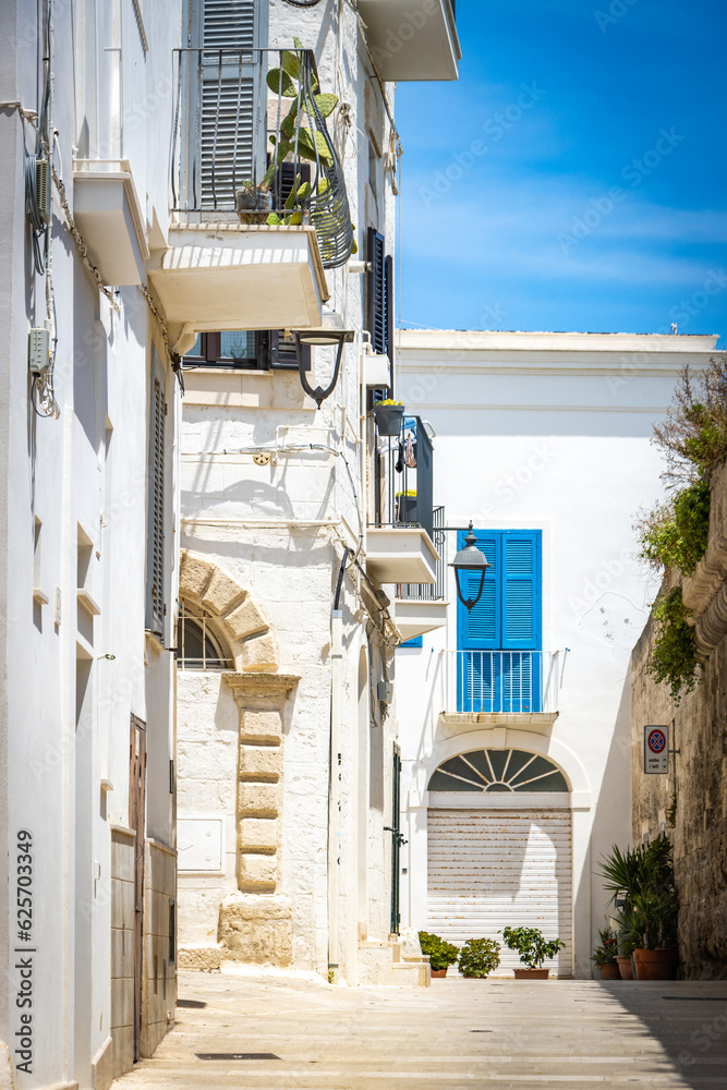 Obraz premium street in old town of monopoli, white facades, puglia, italy, bari, 