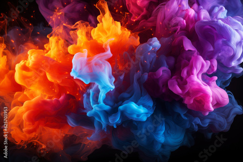 Multicolored abstract smoke with fire on black background, AI Generated