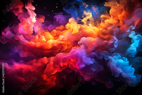 Multicolored abstract smoke with fire on black background, AI Generated