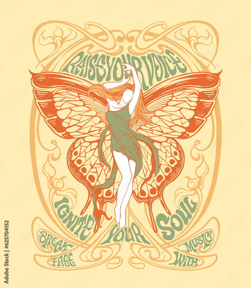 Obraz premium Vintage Art Nouveau T shirt or poster design including Girl with butterfly wings in an aesthetic frame and custom typography