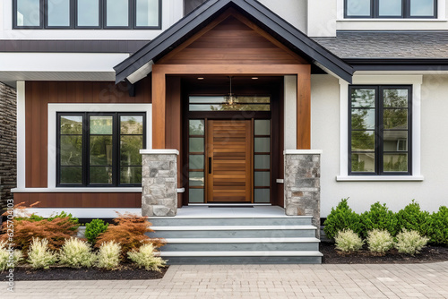 Main entrance door in house. Wooden front door with gabled porch and landing. Exterior of georgian style home cottage with columns. Created with generative Ai