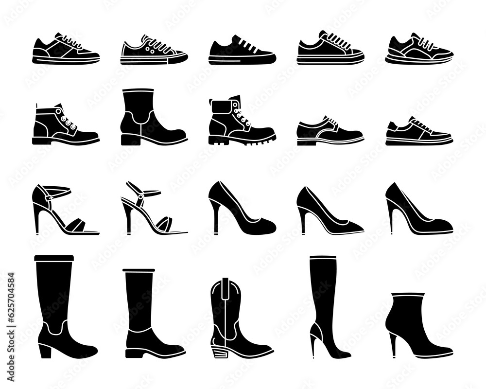 Flta Vector Silhouette Male and Female Shoes Icon Set Isolated ...