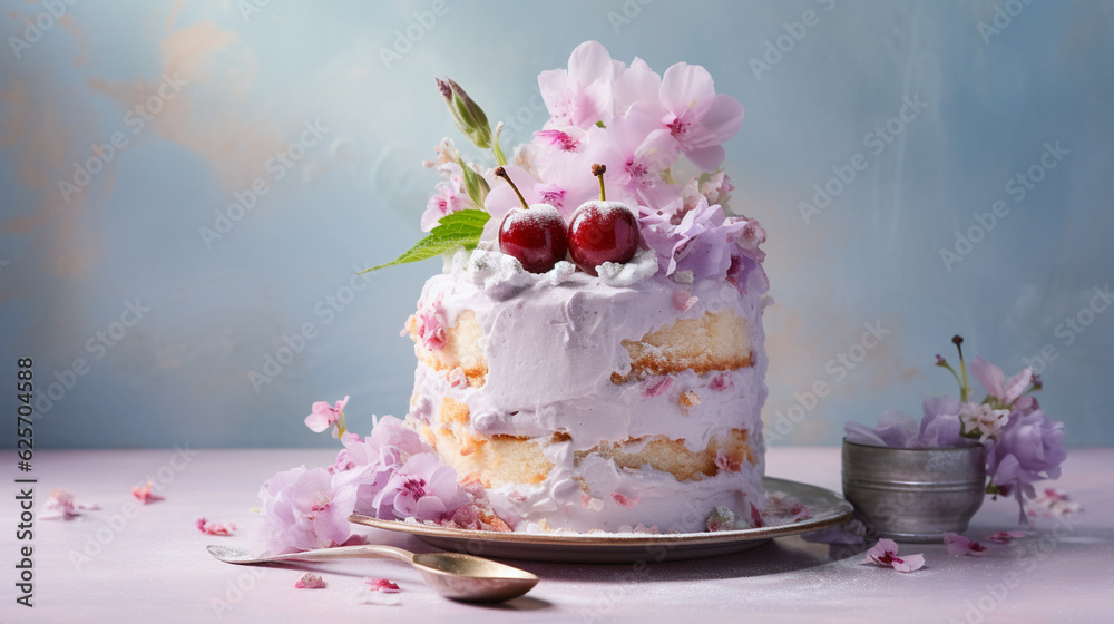 Light and Airy Angel Cake in Delicate Pastel Color Aesthetic  with Whipped Frosting - Fruit and Flower Decorations - on Vintage Chalky Light Backdrop - Generative AI