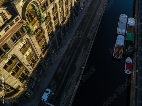 Aerial view of the Nevski street and Cathedral of the Resurrection of Christ next to House of the Singer company in the historical city of St.Petersburg