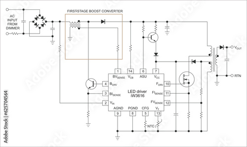 Vector drawing electrical circuit with capacitor, 
integrated circuit (led driver), 
transformer, transistor, diode, power supply 
and resistor. Schematic diagram of electronic device.