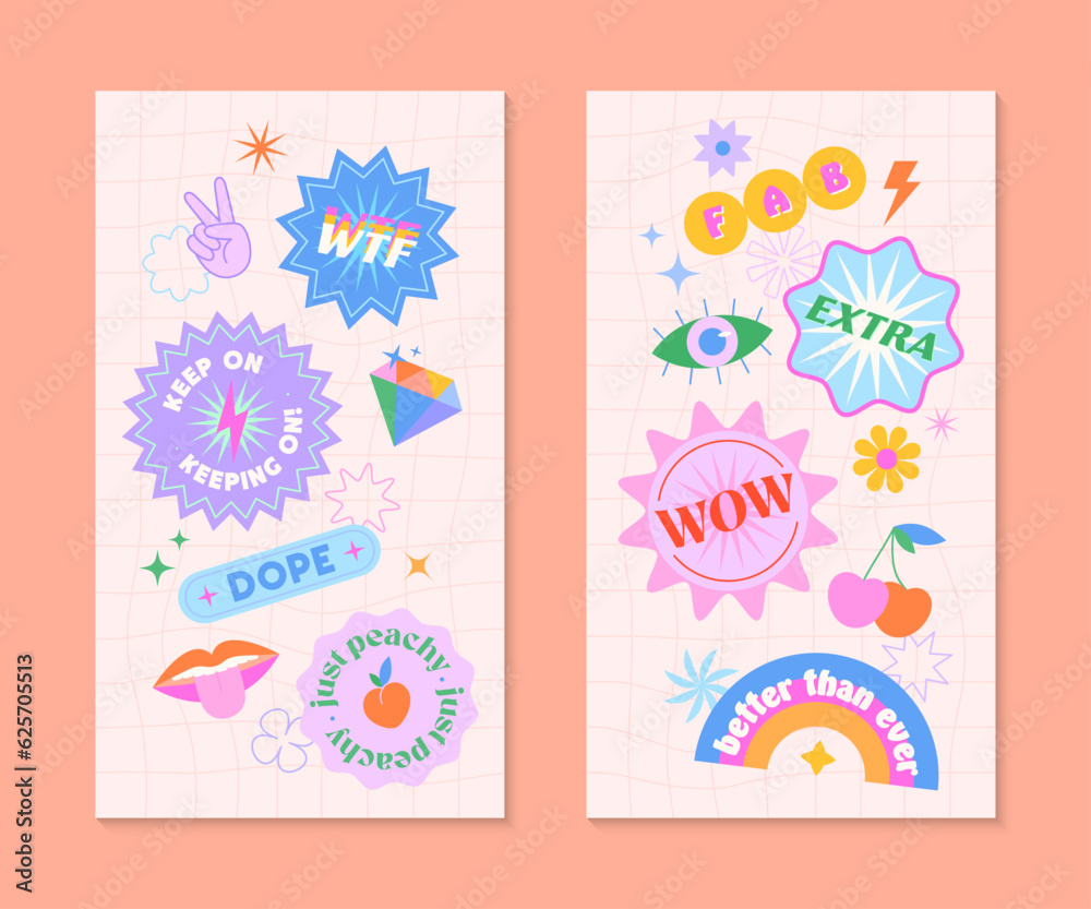 Vector insta story templates with patches and stickers in 90s style.Smm banners in y2k aesthetic with chess background.Funky designs for social media marketing,branding,packaging Vector insta story templates with patches and stickers in 90s style.Smm banners in y2k aesthetic with chess background.Funky designs for social media marketing,branding,packaging