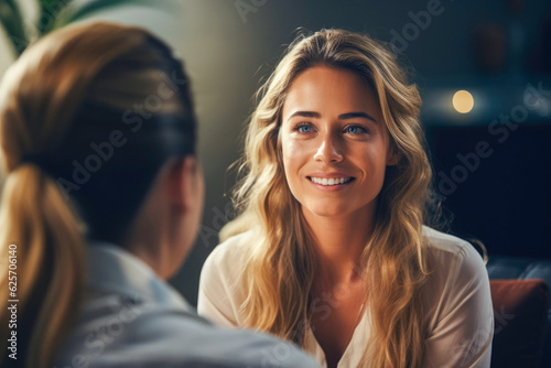 Hypnotherapist with confident and compassionate expression talking to a client about the hypnotherapy session