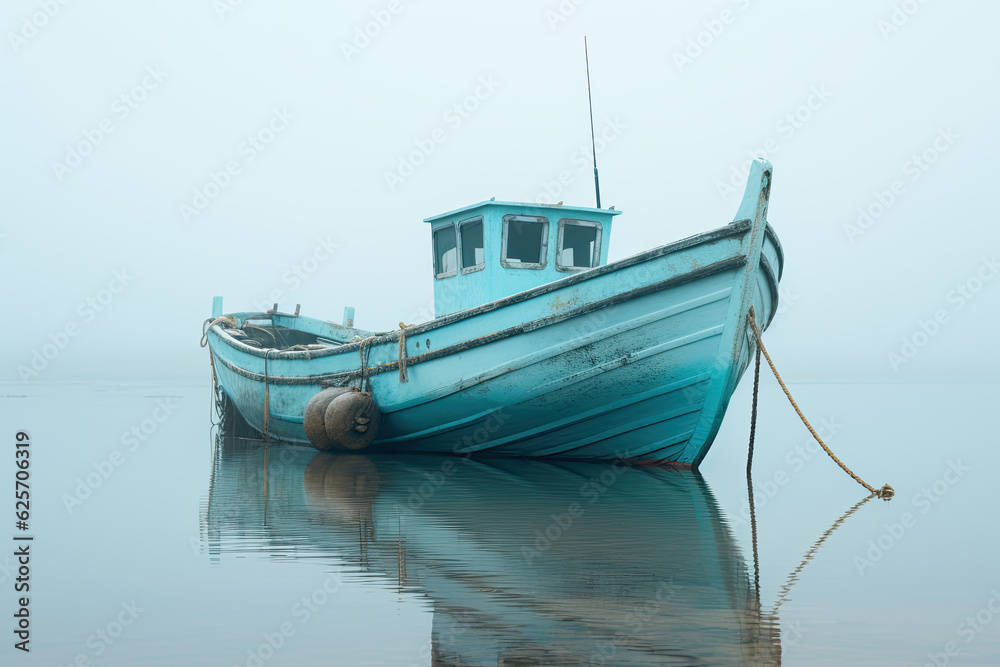 old blue fishing boat in the sea.