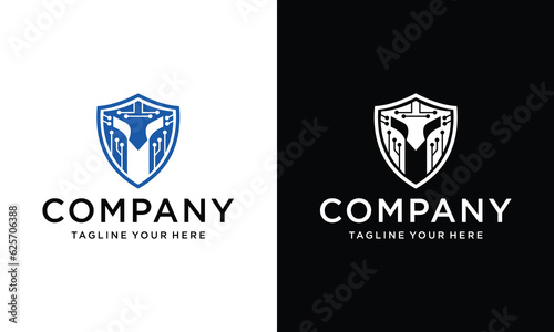 Spartan Warrior Logo Vector with swords security logo on a black and white background.