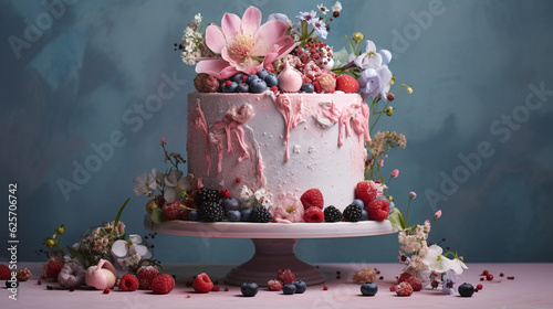 Incredible Pastel Birthday Cake Against Gradient and Marbled Painted Backdrop - Floral Decoration and Design Elements - Hombre Frosting with Purple  Pink  and Blue Feminine Color Tone - Generative AI