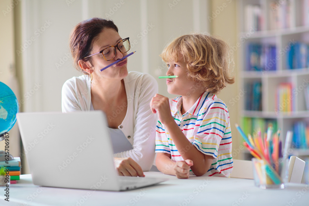 Online remote learning. School kids with computer. Online remote learning. School kids with computer.