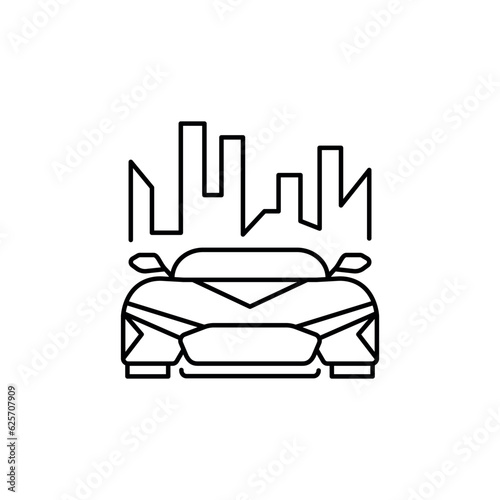 Car line icon. City background. Meta verse futuristic car line icon. Vector illustration