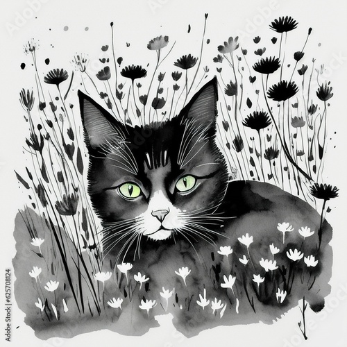 Little cat between flowers | AI Generated