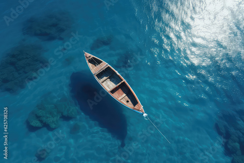 An overhead view of the sea blue with a small two-seater boat in sunny day. Creative nautical wallpaper. Minimalist style. Clear blue water with little waves. © SnowElf
