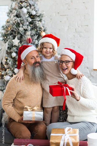 Attractive senior grandparents exchanging Christmas and New Year gift box with granddaughter, cute little girl. Looking happy and excited sitting near decorated tree in red Santa hats. Family time