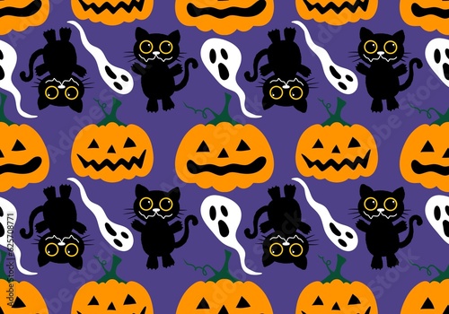 Halloween autumn harvest season pumpkins and cat pattern for wrapping paper and kids clothes print and festive